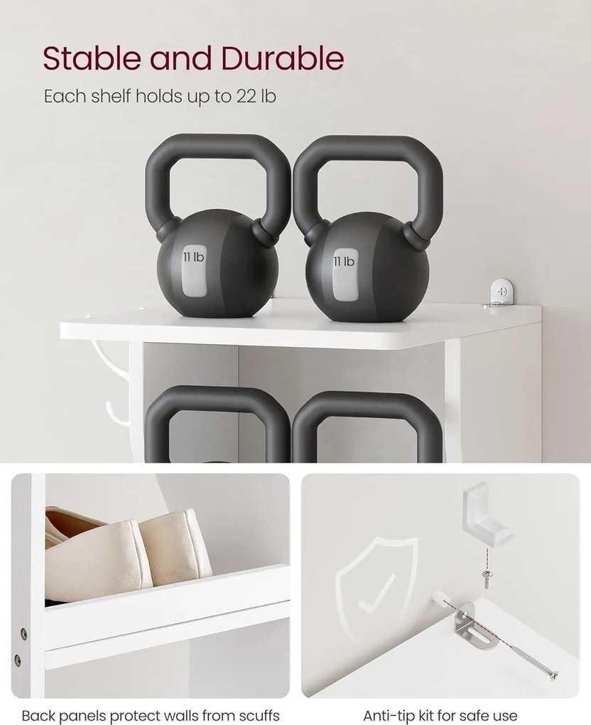 Úzky 6-úrovňový stojan na topánky, botník, s háčikmi, biely