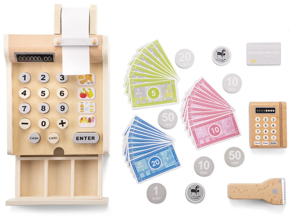 Drevená detská pokladňa s doplnkami