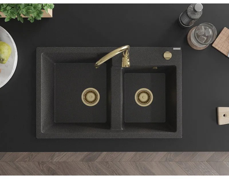 Mexen Tomas, granitový drez 800x500x190 mm, 2-komorový, čierna škvrnitá so zlatým sifónom, 6516802000-76-G