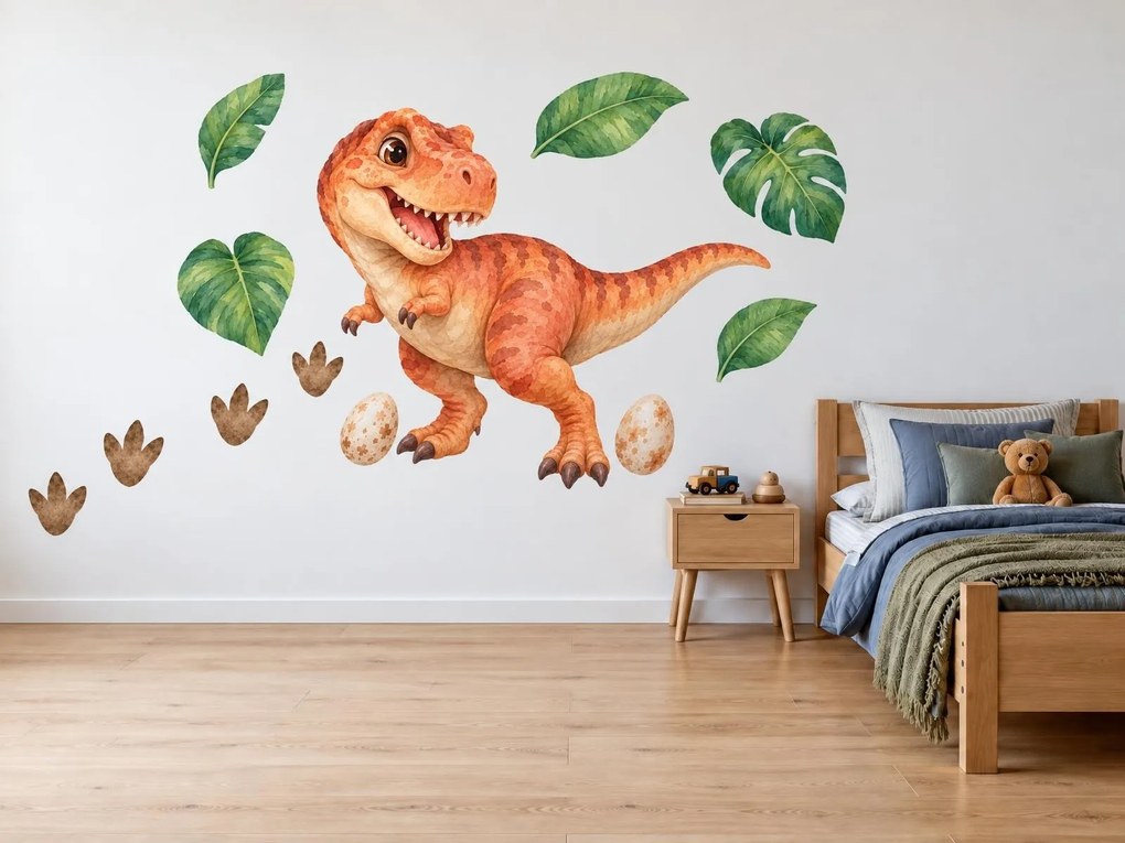 Usmievavý tyranosaurus s vajíčkami akvarelové nálepky na stenu do chlapčenskej izby arch 46 x 34 cm