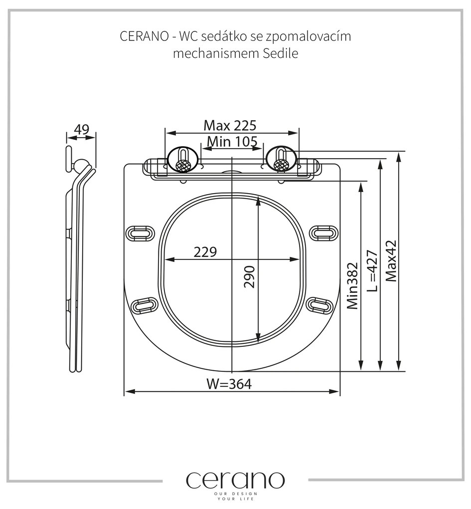 Cerano Sedile, WC sedátko so spomaľovacím mechanizmom 427x364x49 mm, slim, biela matná, CER-CER-414770