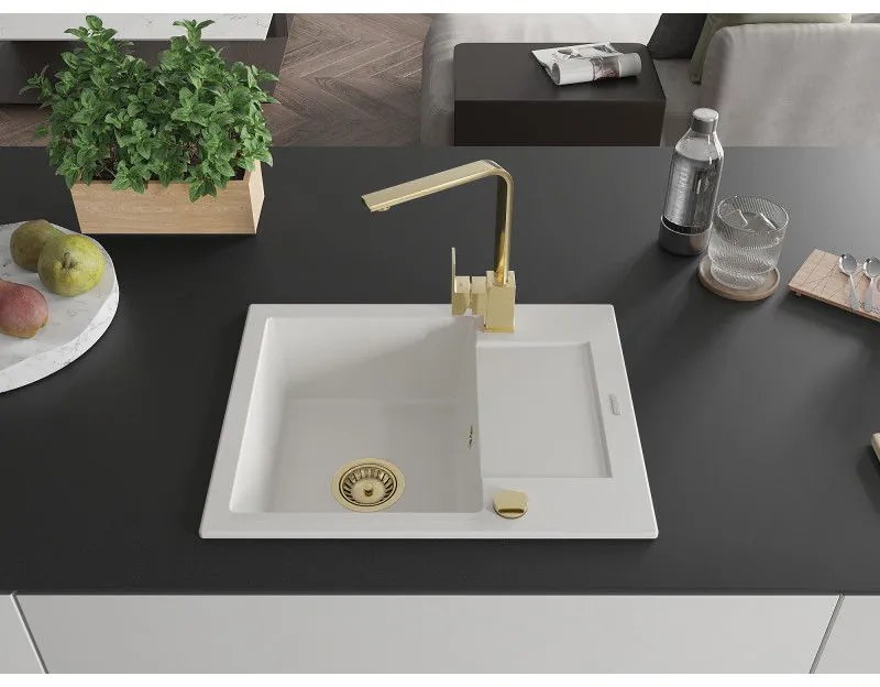 Mexen Enzo, granitový drez 576x465x174 mm, 1-komorový a zlatá batéria Rita, biela, 6506-20-670300-50