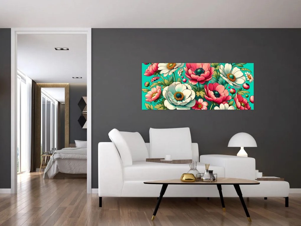 Obraz - Kvety na modrom pozadí (120x50 cm)