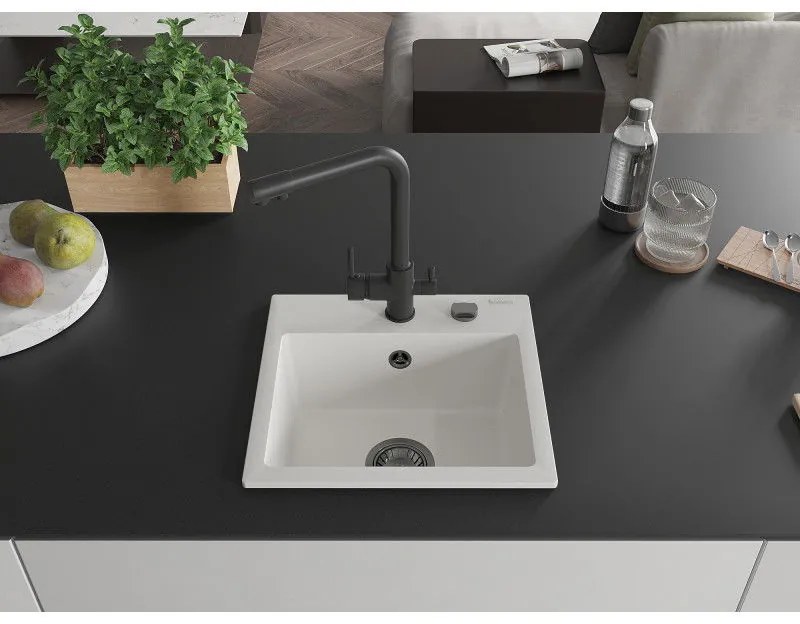 Mexen Milo, granitový drez 435x410x171 mm, 1-komorový a čierna batéria Duero, biela, 6505-20-671600-70