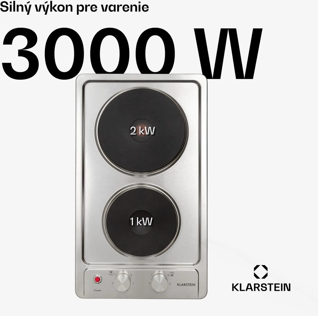 Klarstein Appetito Domino, elektrická varná doska, 3000 W, 2 platne, 6 stupňov výkonu, nehrdzavejúca oceľ