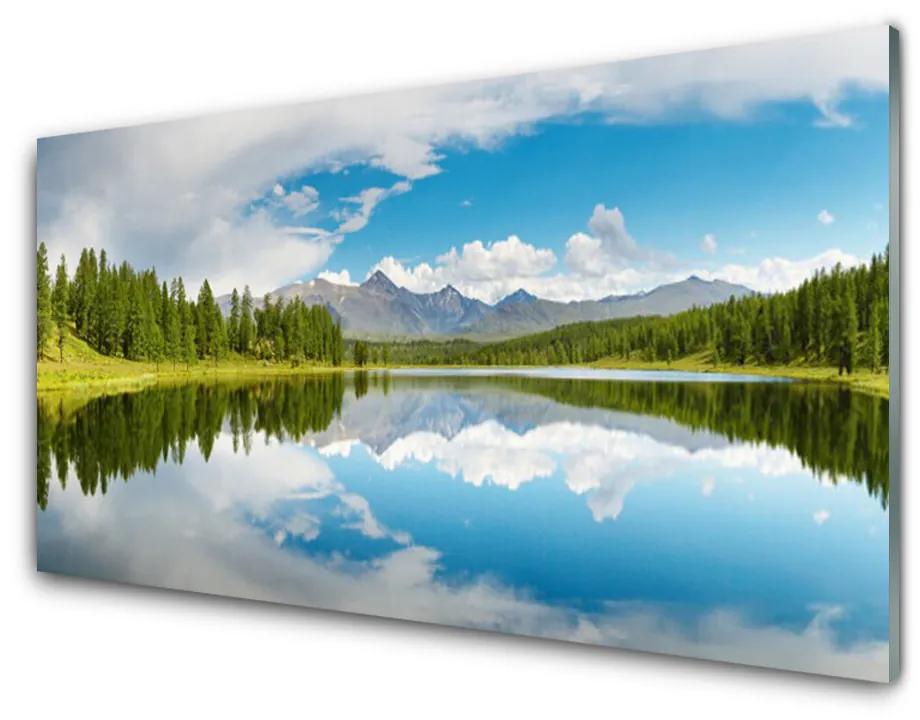 Skleneny obraz Les jazero hory príroda 125x50 cm