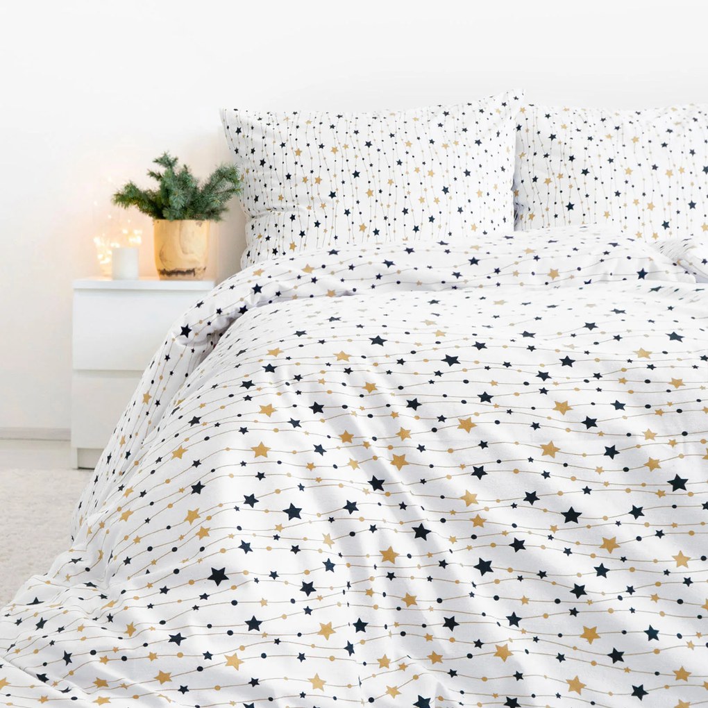 Goldea flanelové posteľné obliečky - zlaté a čierne hviezdičky na bielom 140 x 200 a 70 x 90 cm
