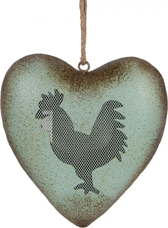 Zelené antik kovové srdce s kohútom Rooster - 23*7*23 cm