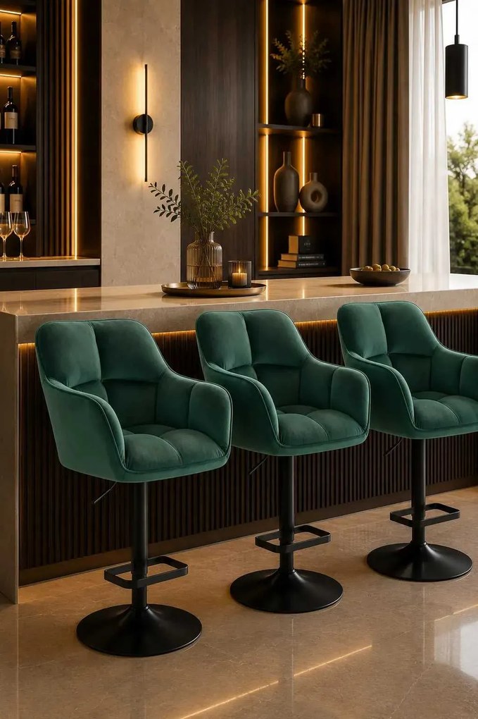 LuxuryForm DESIGN Barová stolička AMALFI VELUR na čiernom tanieri - zelená