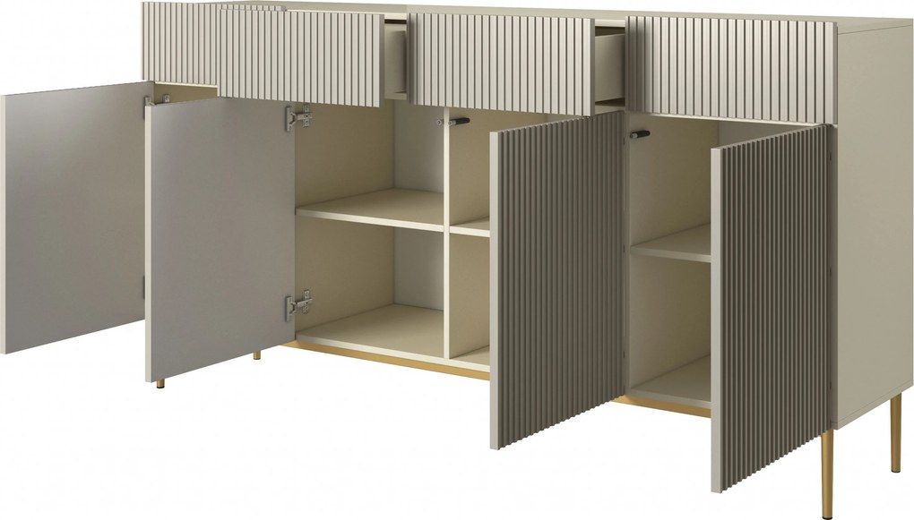 Štvor dverová komoda Nicole 200 cm so šuplíkmi s ryhovaným čelom - kasmír / zlaté nohy