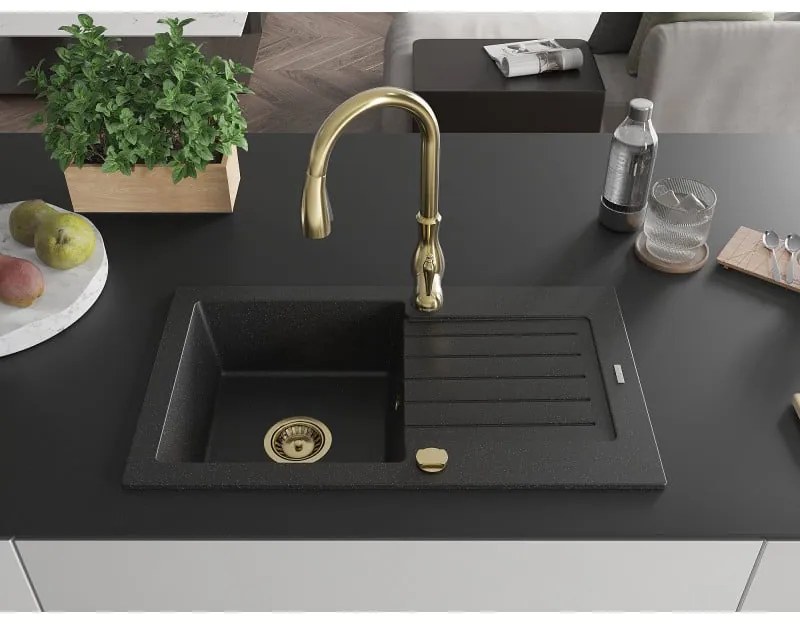 Mexen Pablo, granitový drez 752x436x161 mm, 1-komorový a drezová batéria Savita, čierna-strieborná metalíza, 6510-73-672601-50