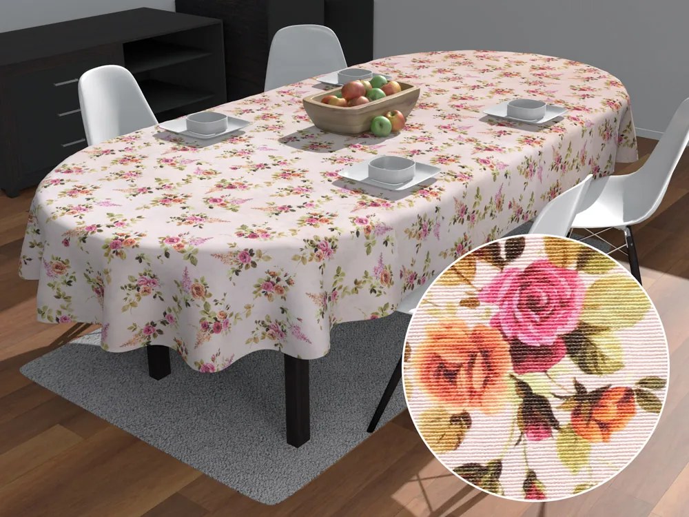 Biante Dekoračný oválny obrus Leona LN-130 Ružičky na ružovom 120x140 cm