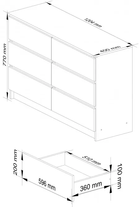 Komoda K120 6SZ CLP metalická, lesk