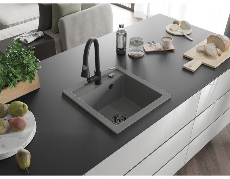 Mexen Vito, 1-komorový granitový drez 490x520x210 mm a drezová batéria Elia, šedá, 6503-71-670101-70-B