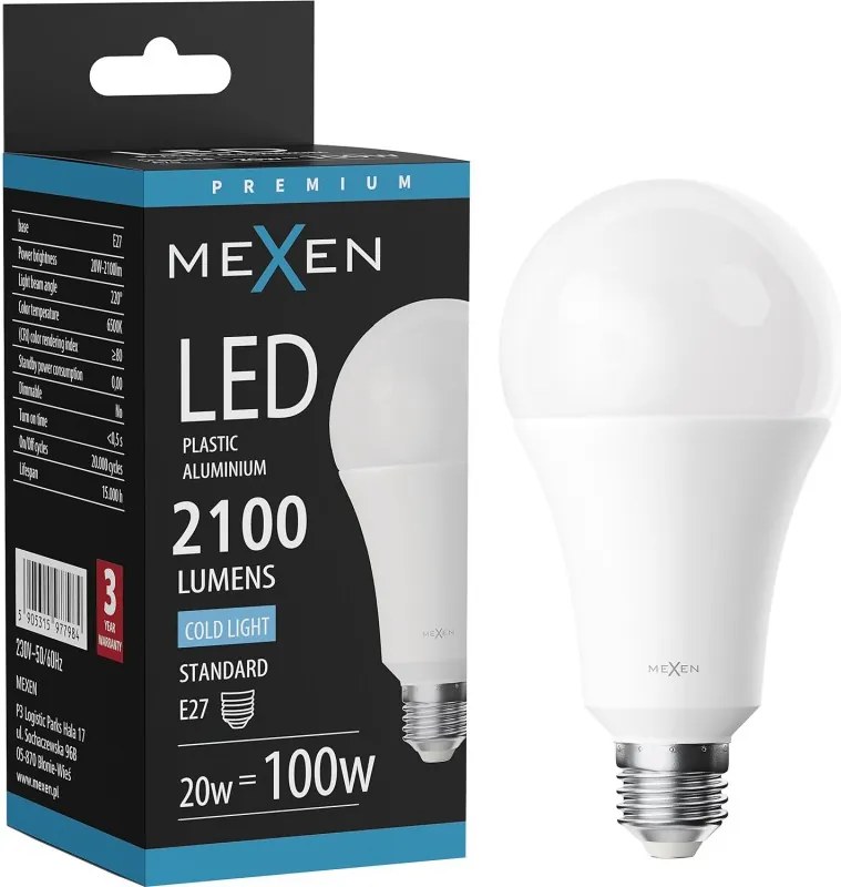 Mexen Nova, LED žiarovka E27, A70, 20W, studená - 6500K, 2100 lm - L100-E27-2065-01