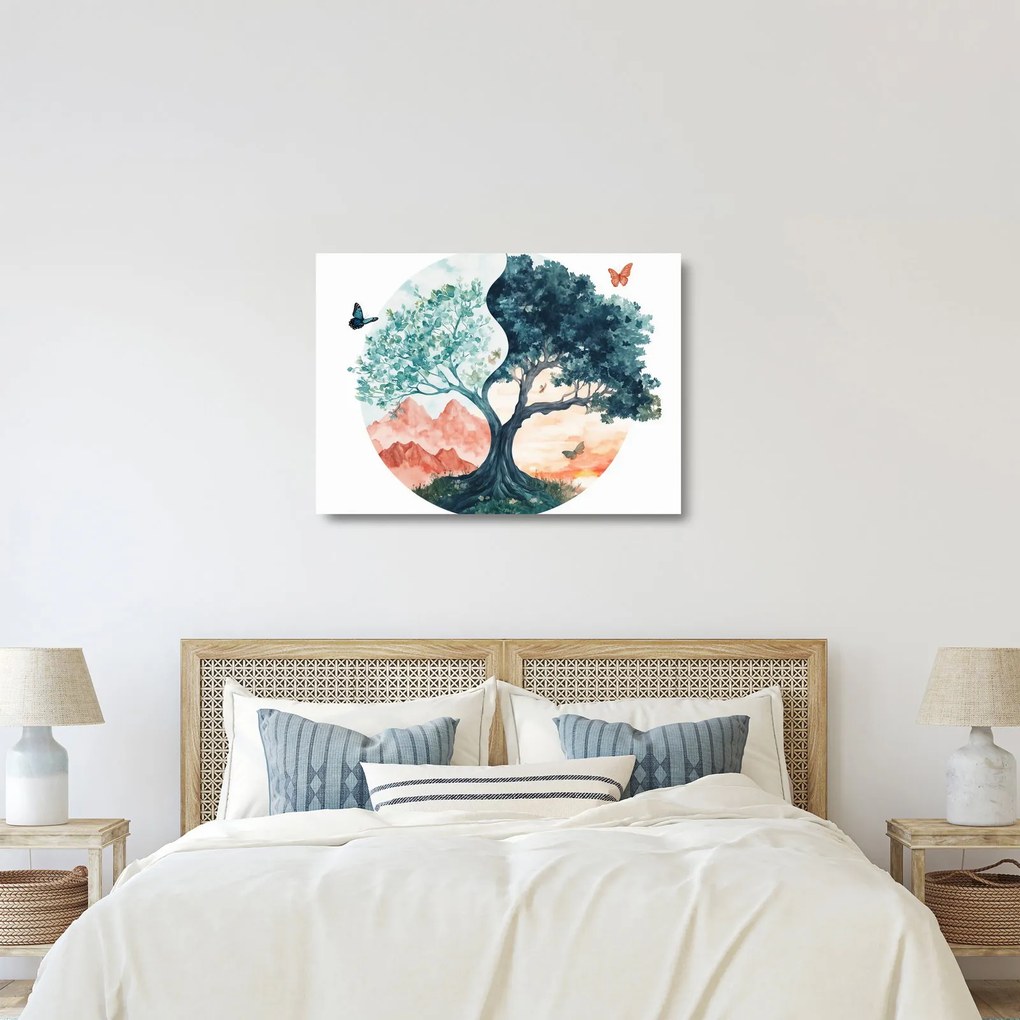Sklenený obraz – Akvarelový strom plný života (70x50 cm)