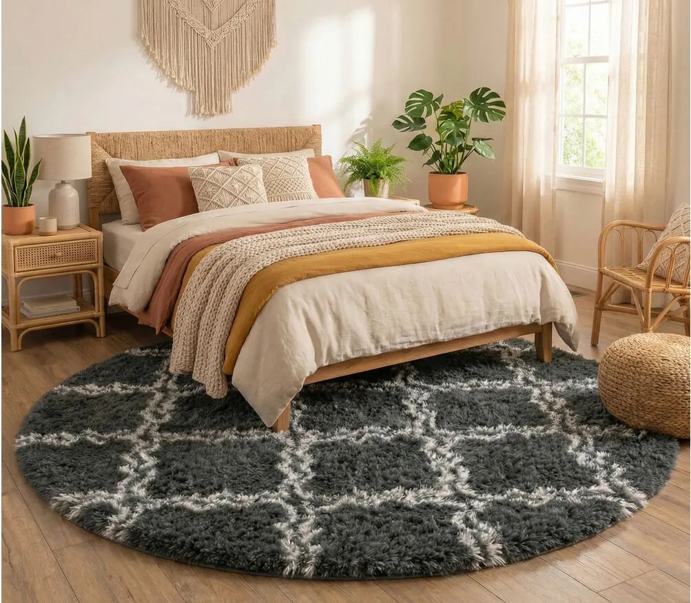 TZ Tmavosivý okrúhly vzorovaný koberec shaggy Decor Latern Rozmer: 140 cm