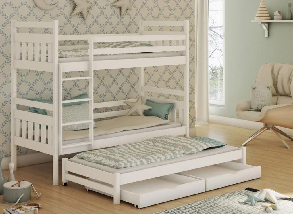 Detská poschodová posteľ z masívu borovice SEVERUS s prístelkou a šuplíky - 200x90 cm - biela