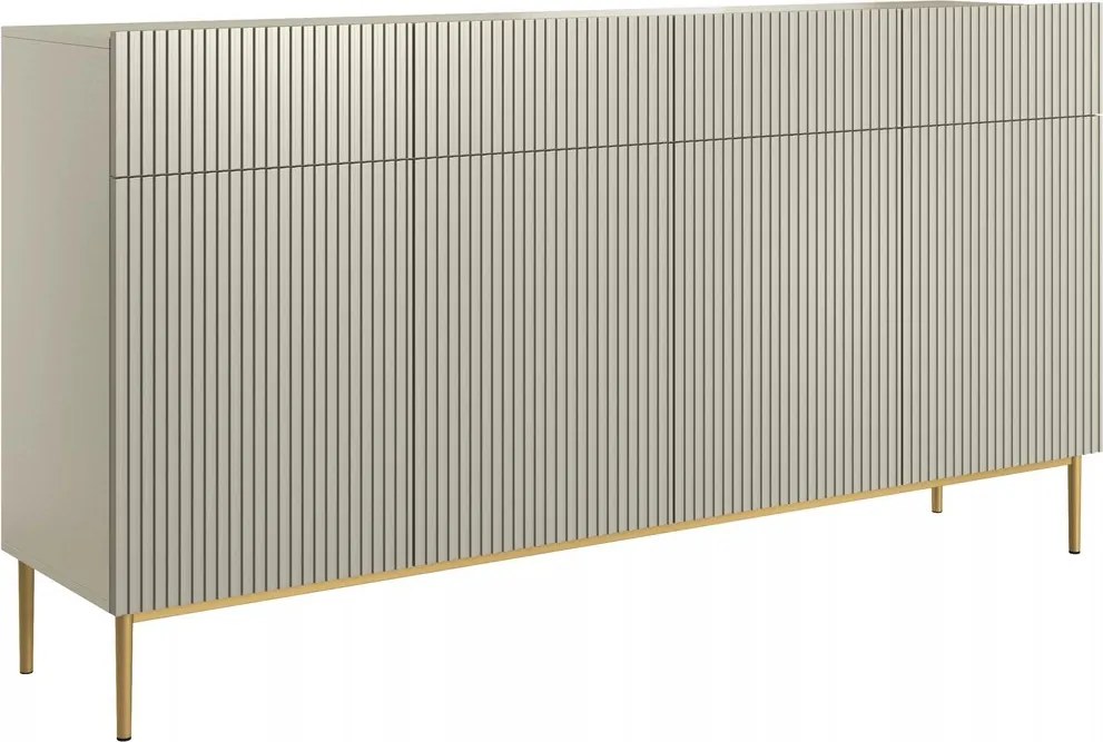 Štvor dverová komoda Nicole 200 cm so šuplíkmi s ryhovaným čelom - kasmír / zlaté nohy