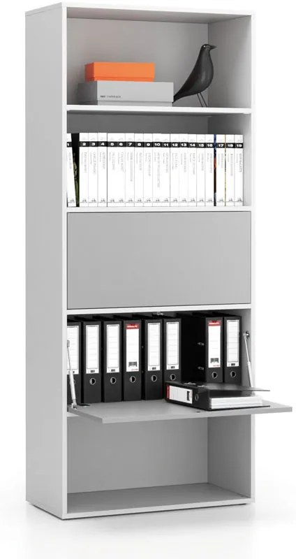 PLAN Vysoký kancelársky policový regál LAYERS, 2 boxy, 800 x 400 x 1905, biela / sivá