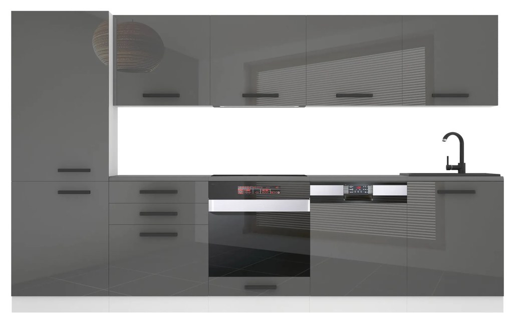 Kuchynská linka Belini Premium Full Version 300 cm šedý lesk s pracovnou doskou ROSE