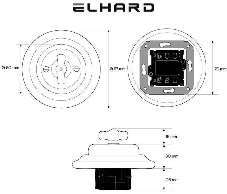 Elhard Okrúhly keramický otočný vypínač č.6/č.1, čierny KV1106B
