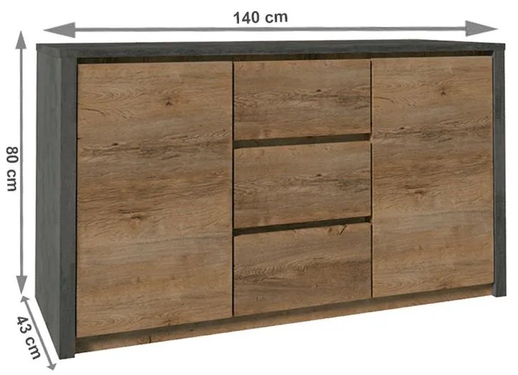 Kondela Komoda, 140cm, dub lefkas tmavý, smooth sivý, MONTANA K2DP