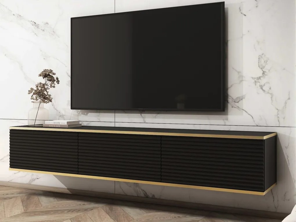 Závesná TV skrinka Orfeo, 175 cm, čierna štruktúra / zlatá