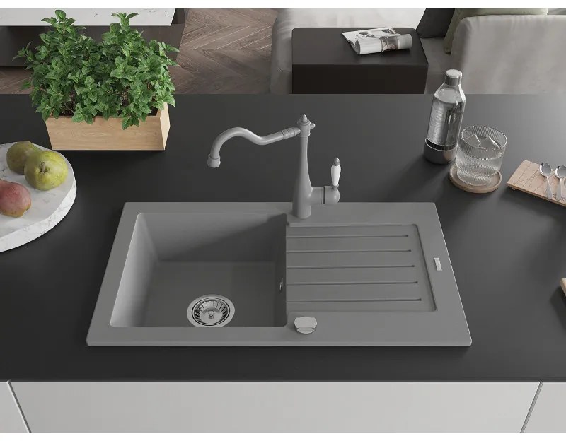 Mexen Pablo, 1-komorový granitový drez 752x436x161 mm a drezová batéria Carla, šedá, 6510-71-670700-71