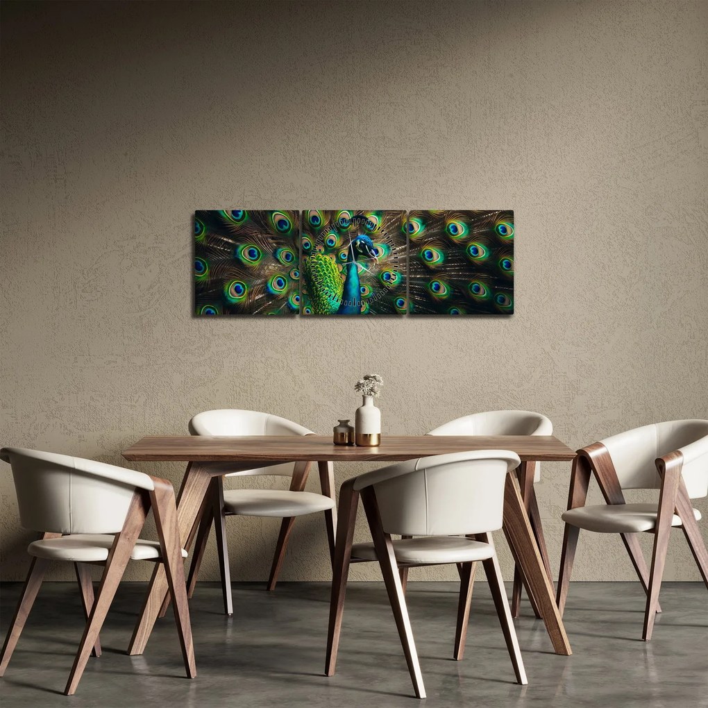 Obraz – Páv (s hodinami) (90x30 cm)