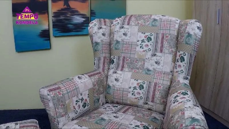 Kondela Kreslo, ušiak s taburetom, patchwork Viorica 1 látka, ASTRID