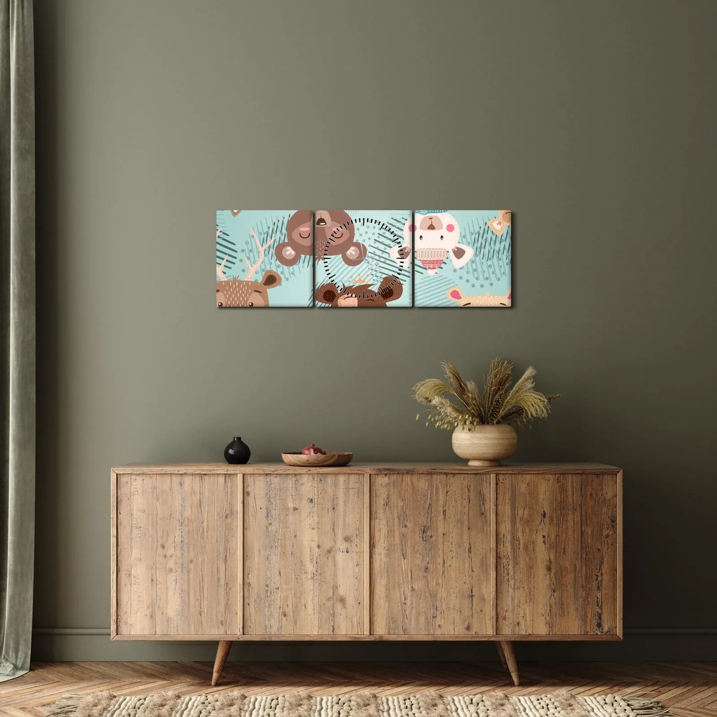 Obraz - Veselí medvedíci (s hodinami) (90x30 cm)