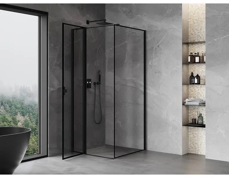Mexen Mist T, sprchový kút s krídlovými dverami, ľavý, 80 x 80 cm, 8mm číre sklo, čierny profil, 8A4T-080-080-70-70-L