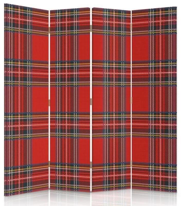Ozdobný paraván Červená kostkovaná - 145x170 cm, štvordielny, klasický paraván