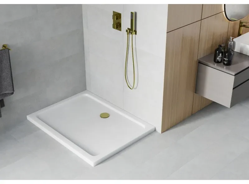 Mexen SLIM - Obdĺžniková sprchová vanička 90x70x5cm + zlatý sifón, biela, 40107090G
