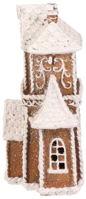 Vianočná dekorácia Perníkový domček s vežičkou, polyresin, LED, hnedá