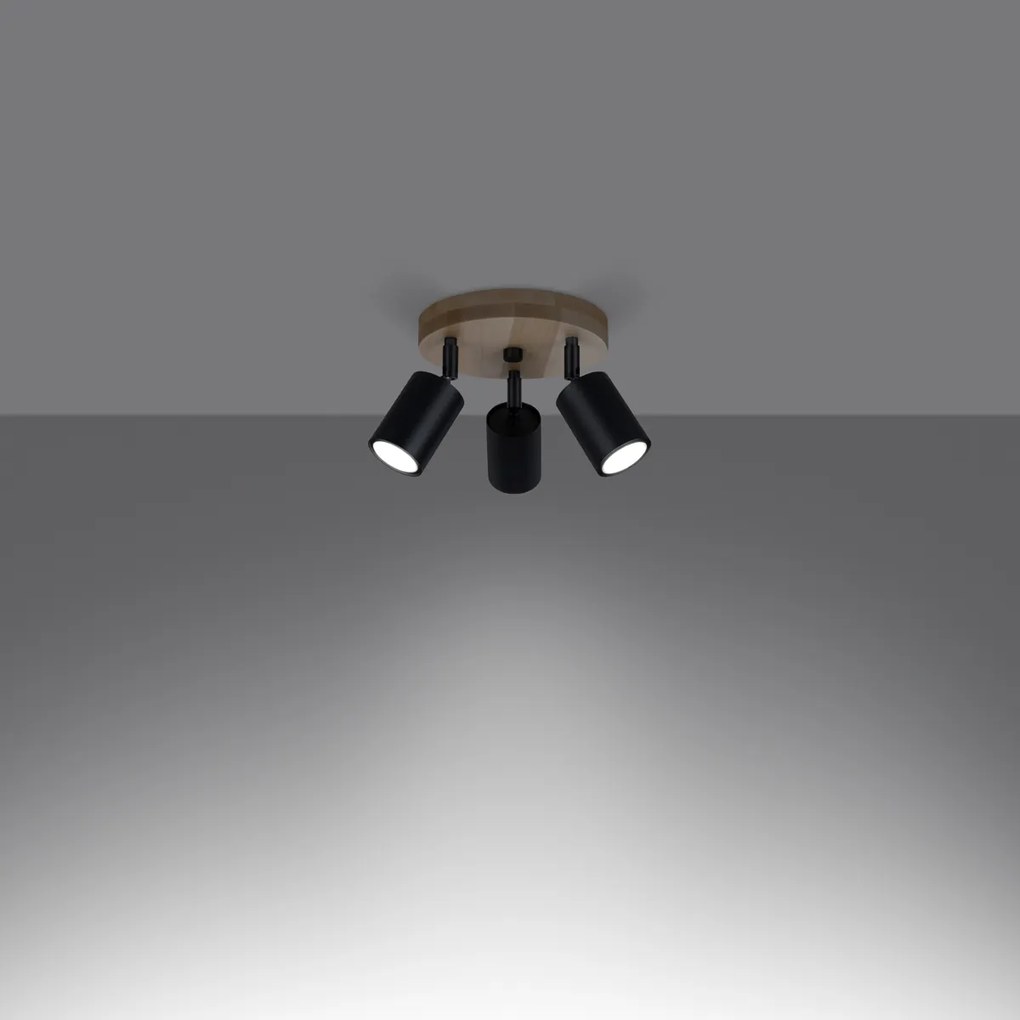 Stropné svietidlo Verdo, 3x čierne kovové tienidlo, (možnosť polohovania), drevo, o