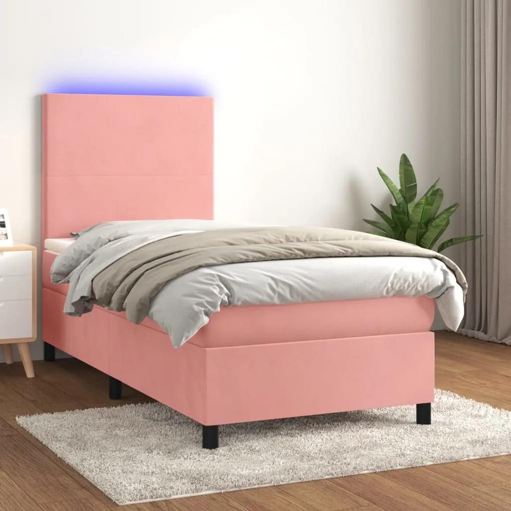 Posteľný rám boxsping s matracom a LED ružový 90x200 cm zamat 3135986