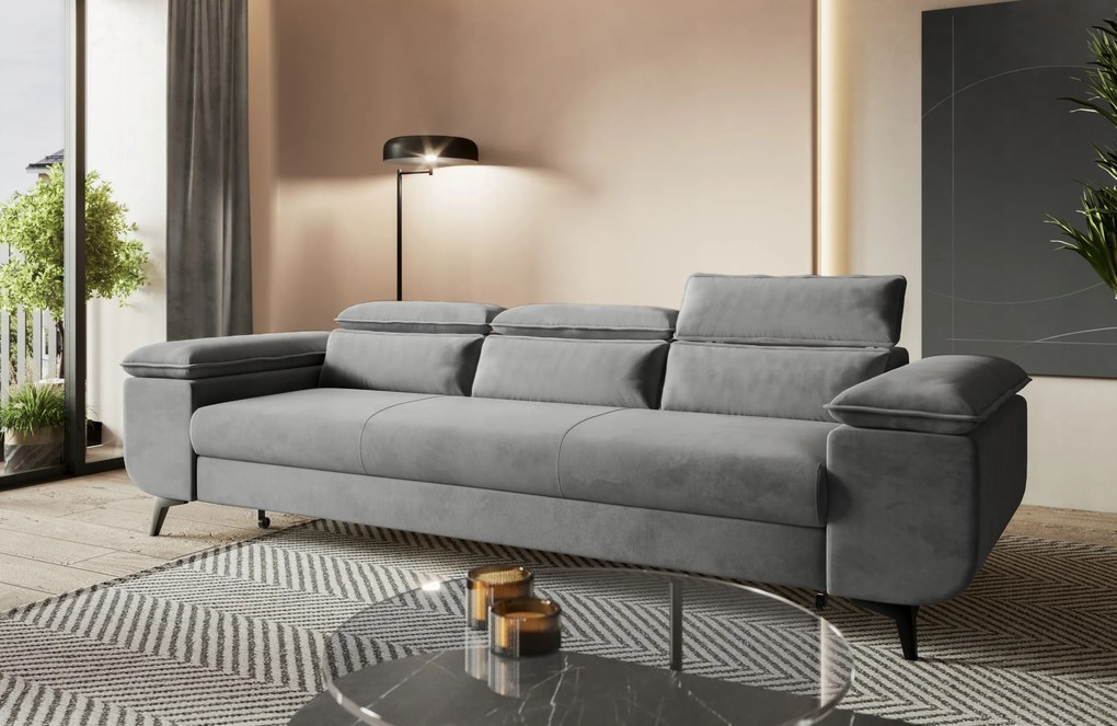 Pohovka s funkciou spania Flat s nastaviteľnými opierkami hlavy, šedý velúr