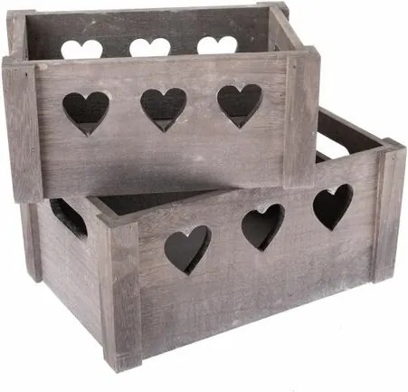 Sada dekoračných drevených debničiek Hearts 2 ks, sivá