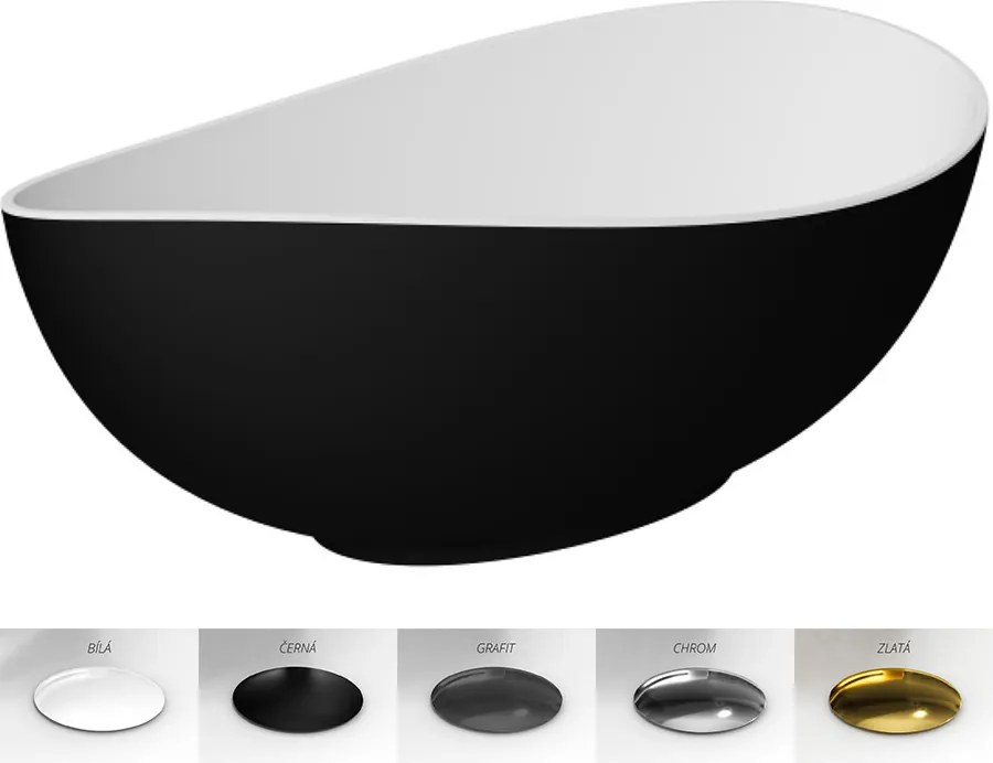Besco Voľne stojaca vaňa z liateho mramoru Siya BW 160x92 (172x100), biela lesk/čierna lesk BESCO-Typ výpuste: Alcaplast Click-Clack s vrchným čisten…