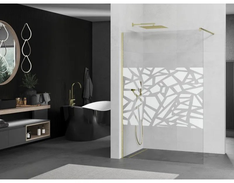 Mexen Kioto, sprchová zástena Walk-In 80 x 200 cm, 8mm číre sklo biely vzor, zlatý matný profil, 800-080-101-55-85
