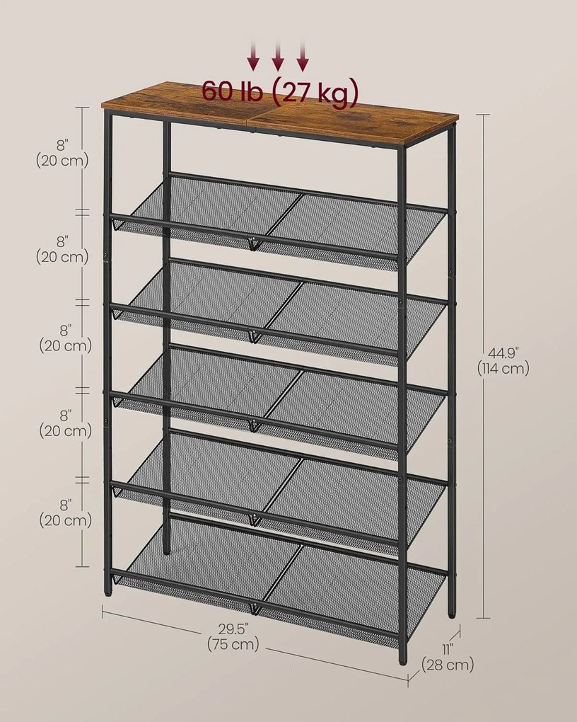 VASAGLE stojan na topánky, 6 poschodový, 28x75x114 cm, hnedo-čierny
