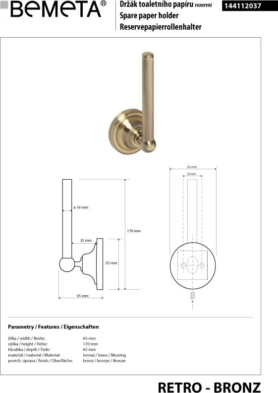 Bemeta Design RETRO bronz: Držiak toaletného papiera, rezervný - 144112037