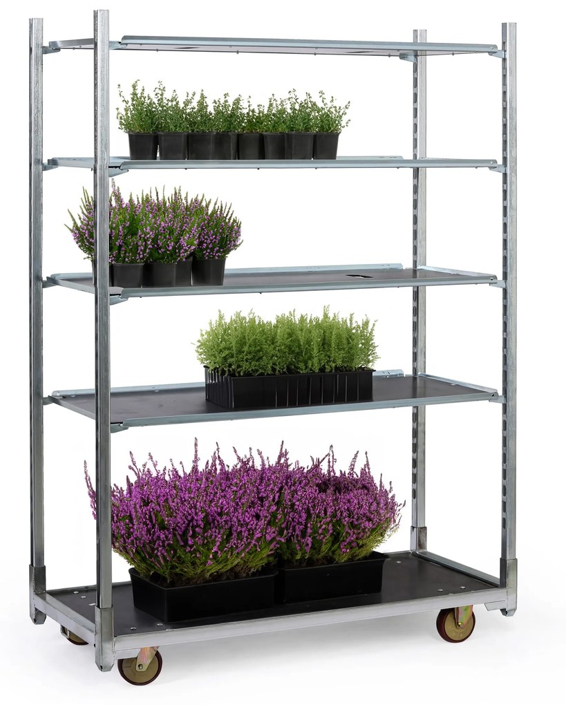 Dánsky kvetinový vozík, preglejkové vodeodolné police s odtokmi, 1350 x 562x 1890 mm