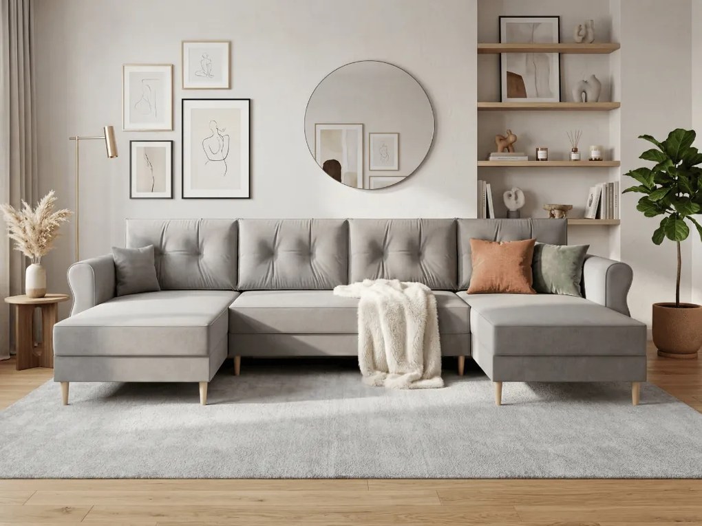 AKCIA Rozkladacia sedacia súprava do U SILVIANO 300x140 cm, sivá + 2 vankúšiky ZDARMA II. akosť