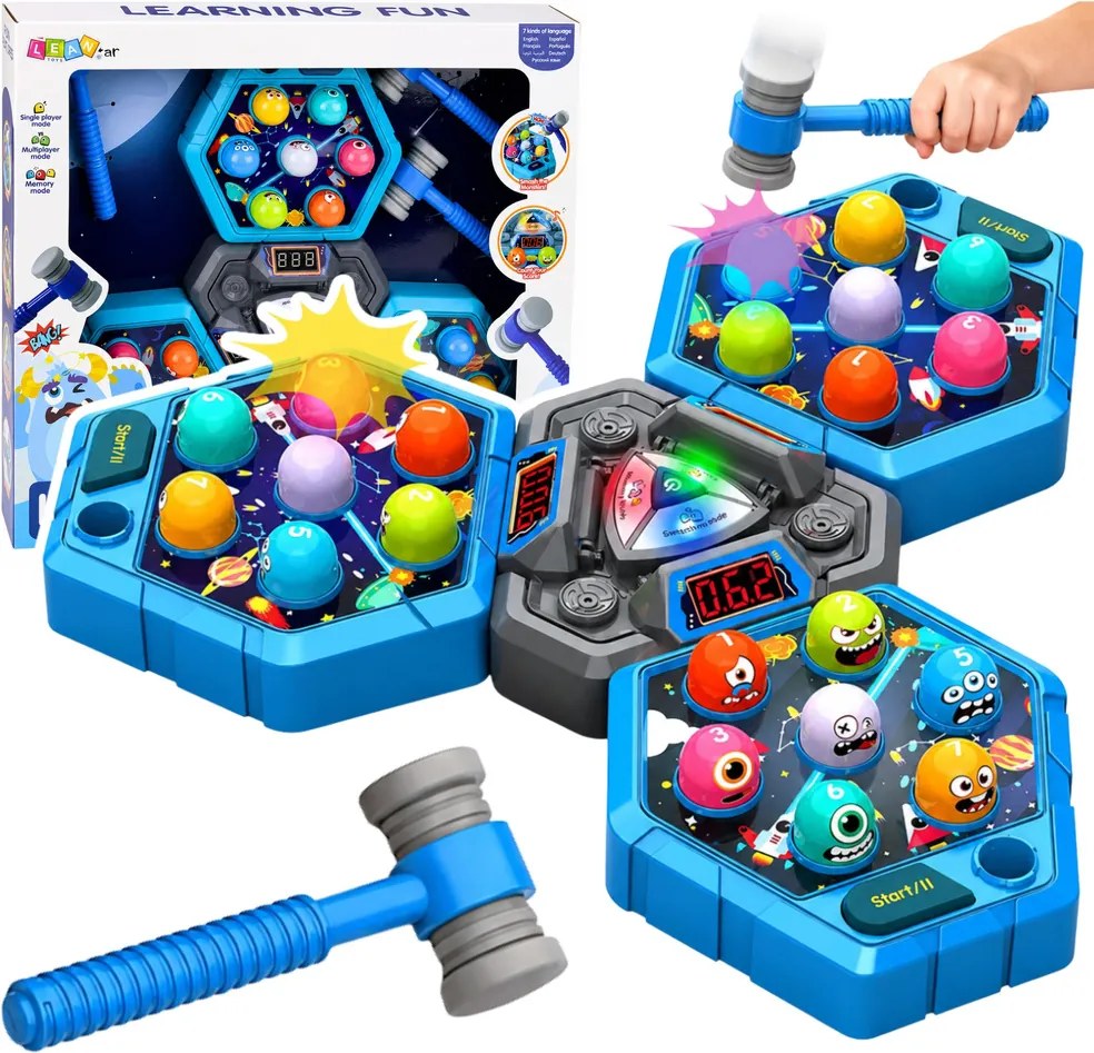 LEAN Toys Obratnostná hra Whack-A-Mole s postavičkami pre 3 hráčov, 3 režimy, svietiace kladivká