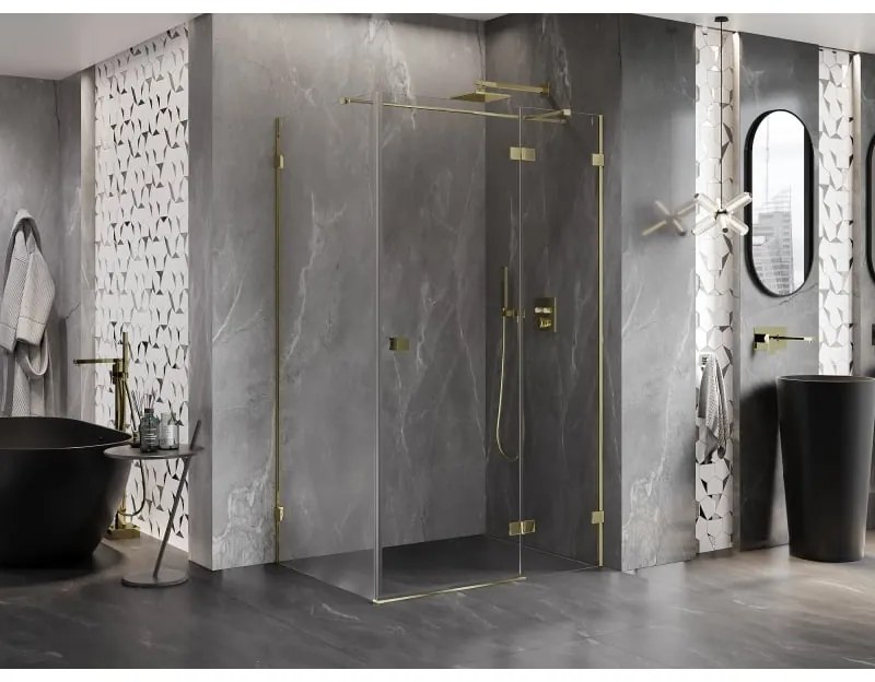 Mexen Lunar T, výklopný sprchový kút pravý 135 x 120 cm, 8mm číre sklo, zlatý profil, 834T-135-120-50-00-P