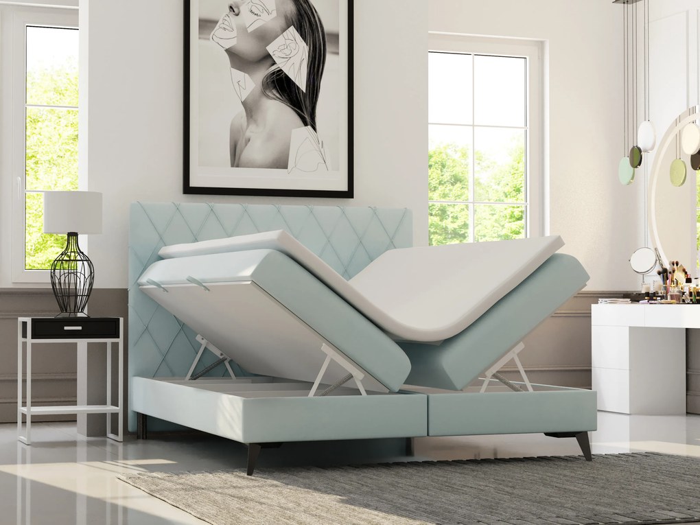 Manželská posteľ Boxspring 160 cm Miror (mentolová) (s úložným priestorom). Akcia -20%. Vlastná spoľahlivá doprava až k Vám domov. 1020318