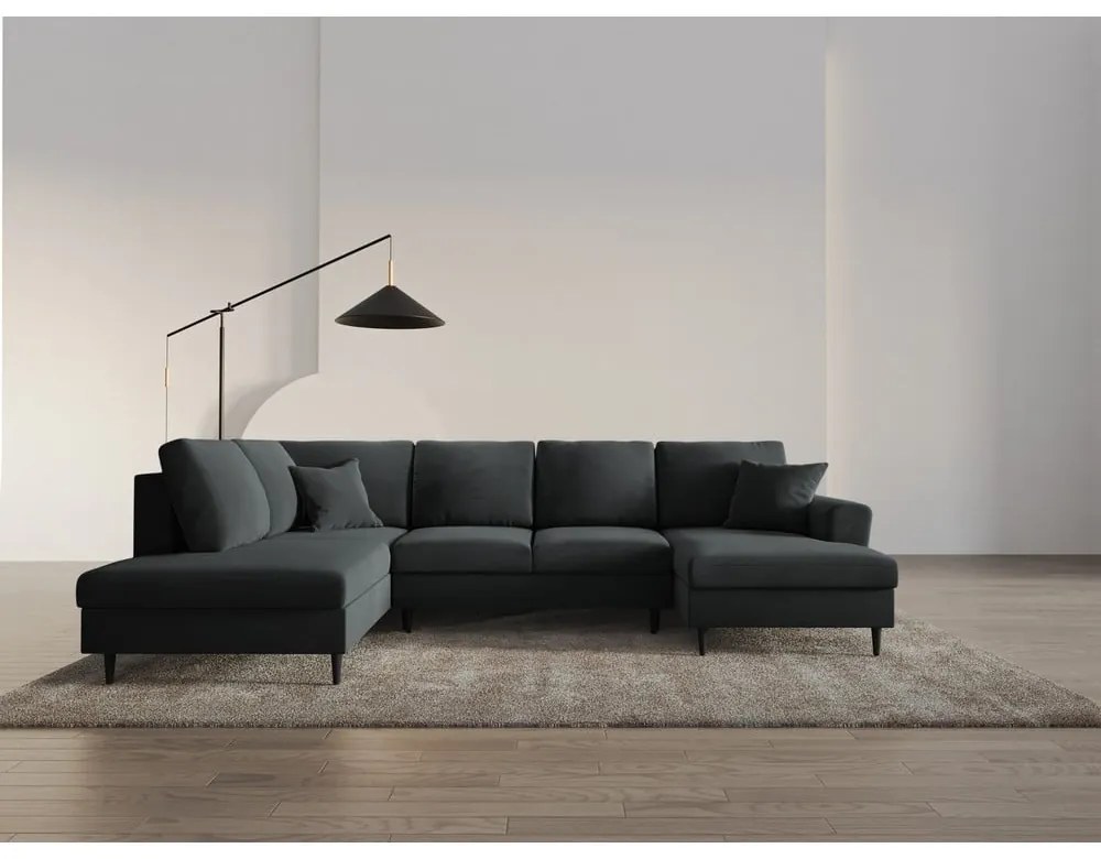 Tmavosivá zamatová rozkladacia/s úložným priestorom rohová pohovka (ľavý roh/do "U") Kyoto – Cosmopolitan Design